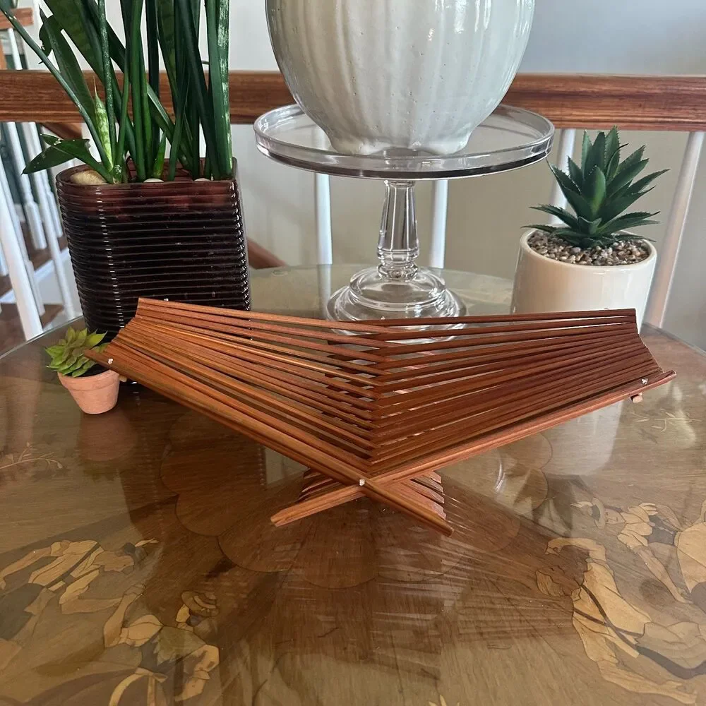 Vintage Danish Wooden Folding Fruit Basket, MCM Scandinavian Kitchen Decor